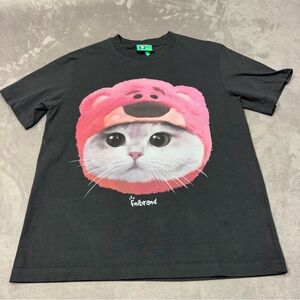 FNI brand Black T-Shirt with Pink Cat Face bear hat Graphic top tee mens S